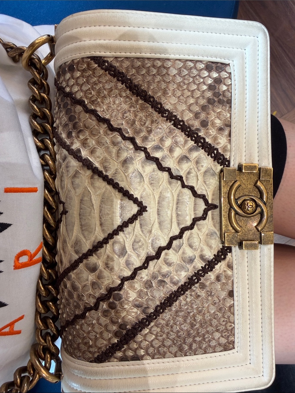 Designer-Inspired Cream & Brown Python Leather Shoulder Bag